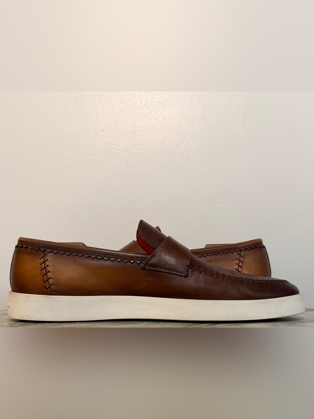 SANTONI BROWN / TAN Loafers UK 10.5 / US 11.5 Moccasin Slippers Rubber Sole $950 - Picture 4 of 12